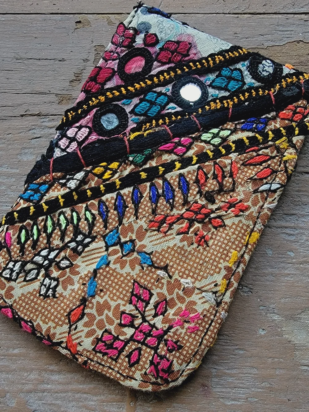 Free People embroidered banjara boho repurposed vtg leather wallet card case
